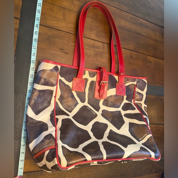 Dooney & Bourke Giraffe Print Large Tote Bag with Red Leather Trim - Picture 1 of 7